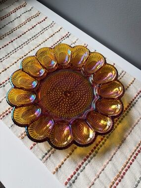 Vintage Indiana Glass Hobnail Carnival Amber Iridescent Deviled Egg Plate